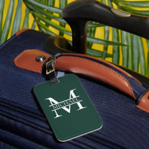 Étiquette À Bagage Élégant Monogramme et nom Emerald Green Personnali