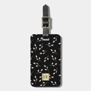 Étiquette À Bagage Élégant Monogramme floral noir et or brillant