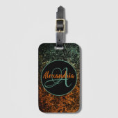 Étiquette À Bagage Élégant Monogramme floral orange et vert noir (Devant Vertical)