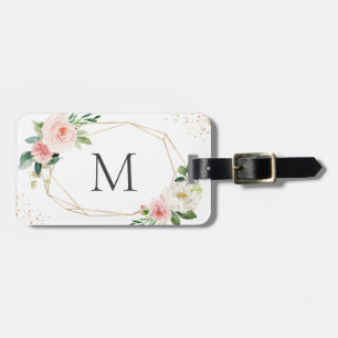 Étiquette À Bagage Élégant Monogramme floral rose pâle géométrique