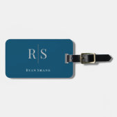 Étiquette À Bagage Élégant Monogramme gris, Nom & Informations, Bleu  (Devant horizontal)