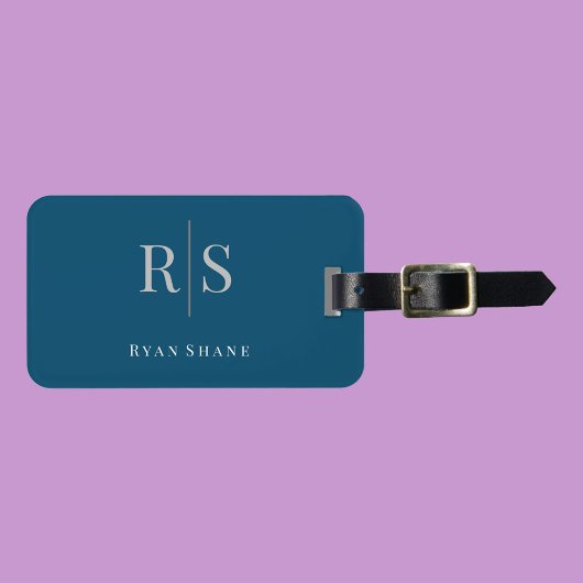 Étiquette À Bagage Élégant Monogramme gris, Nom & Informations, Bleu 