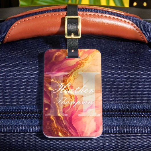 Étiquette À Bagage Élégant monogramme initial en marbre rose Balise