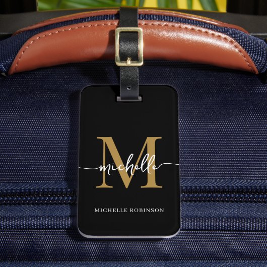 Étiquette À Bagage Élégant Monogramme Initial En Script Or Noir Éléga (Insitu Rectoal 2)