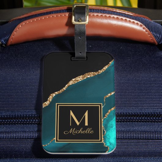 Étiquette À Bagage Élégant Monogramme Initial Nom Noir Sarcelle Or (Insitu Rectoal 2)