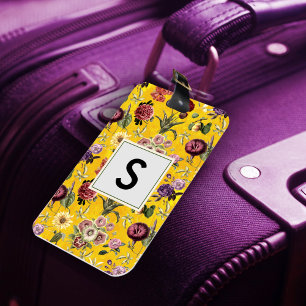 Étiquette À Bagage Élégant monogramme jaune à motif floral