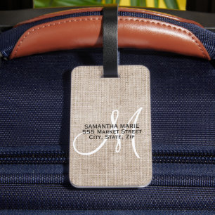 Étiquette À Bagage Élégant Monogramme Lin Beige Rustique