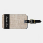 Étiquette À Bagage Élégant Monogramme Lin Beige Rustique (Devant horizontal)