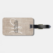 Étiquette À Bagage Élégant Monogramme Lin Beige Rustique (Dos horizontal)