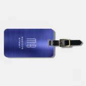 Étiquette À Bagage Élégant Monogramme Marine Bleu Brossé Métal (Devant horizontal)