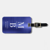 Étiquette À Bagage Élégant Monogramme Marine Bleu Brossé Métal (Devant horizontal)