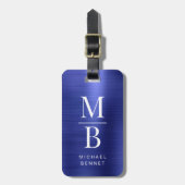 Étiquette À Bagage Élégant Monogramme Marine Bleu Brossé Métal (Devant Vertical)
