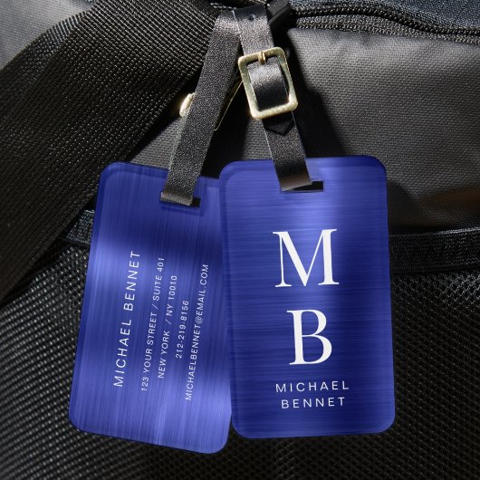 Étiquette À Bagage Élégant Monogramme Marine Bleu Brossé Métal