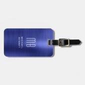 Étiquette À Bagage Élégant Monogramme Marine Métal Bleu (Devant horizontal)