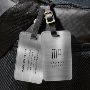 Étiquette À Bagage Élégant Monogrammé Métal Brossé Argenté
