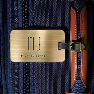Étiquette À Bagage Élégant Monogrammé Métal Doré Brossé