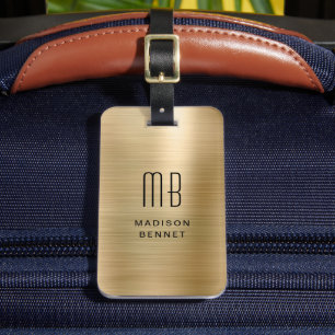Étiquette À Bagage Élégant Monogrammé Métal Doré Brossé