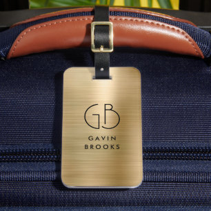 Étiquette À Bagage Élégant Monogramme Moderne Or Brossé Glam Metallic