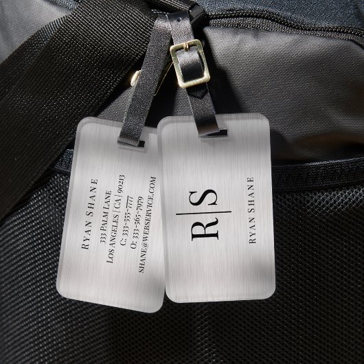 Étiquette À Bagage Élégant Monogramme noir & Nom, Argent brossé