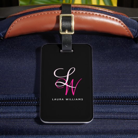 Étiquette À Bagage Élégant Monogramme noir rose Script (Insitu Rectoal 2)