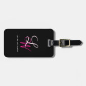 Étiquette À Bagage Élégant Monogramme noir rose Script (Devant horizontal)
