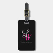 Étiquette À Bagage Élégant Monogramme noir rose Script (Devant Vertical)
