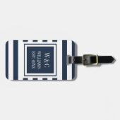 Étiquette À Bagage Élégant Monogramme Nom de famille Marine Blue Stri (Devant horizontal)