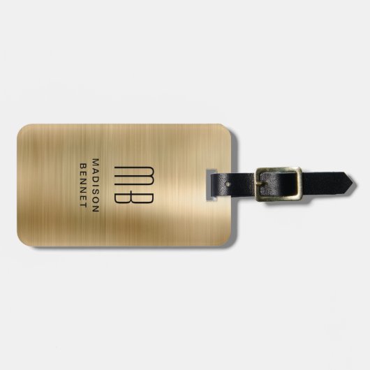 Étiquette À Bagage Élégant Monogramme Or Brossé Métallique (Devant horizontal)