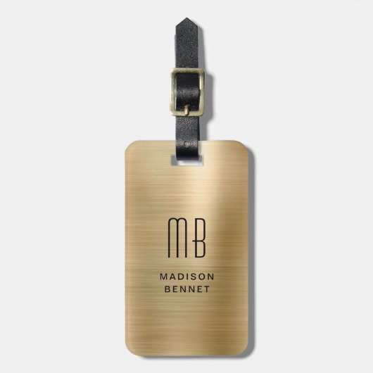 Étiquette À Bagage Élégant Monogramme Or Brossé Métallique (Devant Vertical)