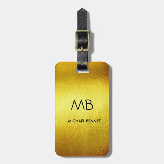 Étiquette À Bagage Élégant Monogramme Or Brossé Métallique Bagages (Devant Vertical)
