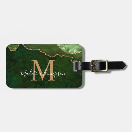 Étiquette À Bagage Élégant Monogramme Or Géode Vert Agate (Devant horizontal)
