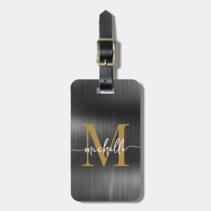 Étiquette À Bagage Élégant Monogramme Or Métal Noir Script initial