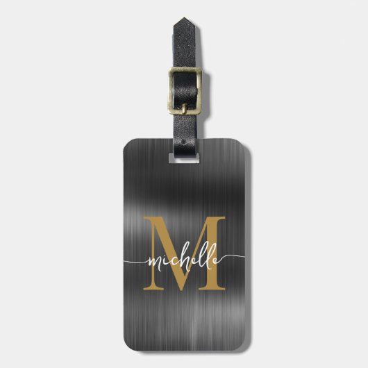 Étiquette À Bagage Élégant Monogramme Or Métal Noir Script initial (Devant Vertical)