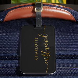 Étiquette À Bagage Élégant Monogramme Or Noir Écriture Nommée Stylée