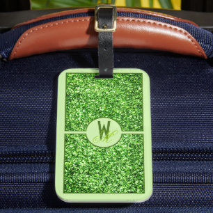 Étiquette À Bagage Élégant Monogramme Pailleté Vert
