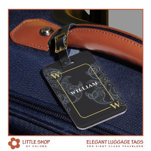 Étiquette À Bagage Élégant monogramme paisley noir et or