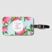 Étiquette À Bagage Élégant Monogramme Pink Botanical Peonies Élégant (Devant Horizontal)