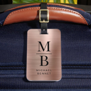 Étiquette À Bagage Élégant Monogramme Rose Or brossé métal
