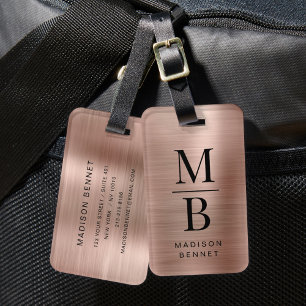 Étiquette À Bagage Élégant Monogramme Rose Or brossé métal