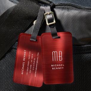 Étiquette À Bagage Élégant Monogramme Rouge brossé Métal