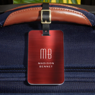 Étiquette À Bagage Élégant Monogramme Rouge brossé Métallique