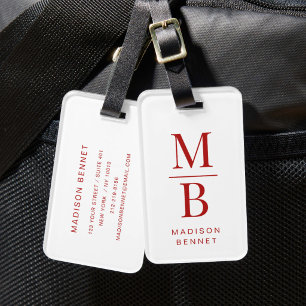 Étiquette À Bagage Élégant Monogramme Rouge Et Blanc