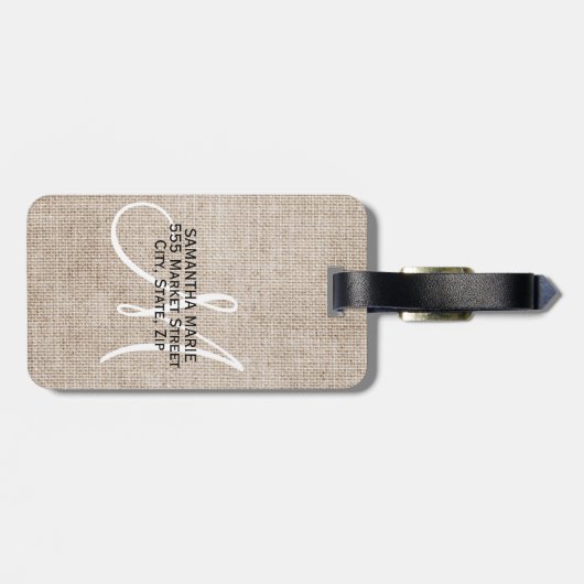 Étiquette À Bagage Élégant Monogramme Rustique Beige Linen (Dos horizontal)
