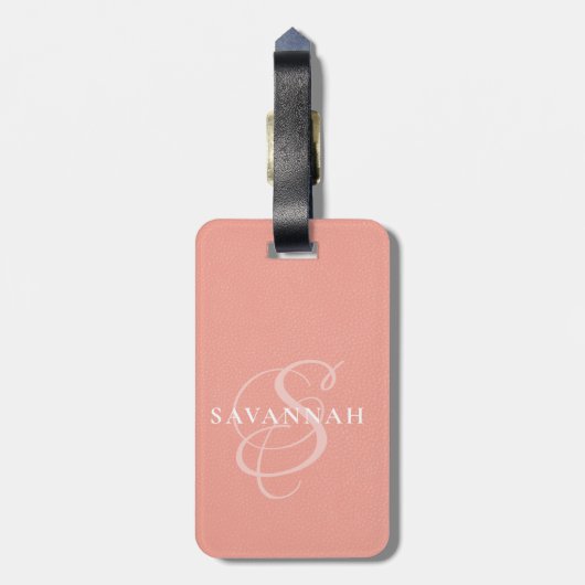 Étiquette À Bagage Élégant Monogramme Script Blush Rose Cute cuir (Dos Vertical)