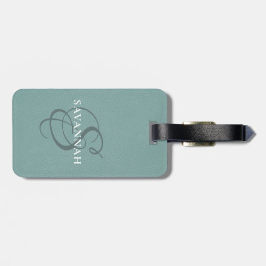 Étiquette À Bagage Élégant Monogramme Script Dusty Green Cute Cute cu (Dos horizontal)