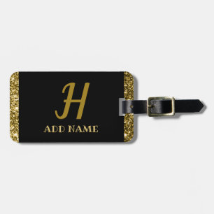 Étiquette À Bagage Élégant Monogramme Script Modern Black Gold Ajoute