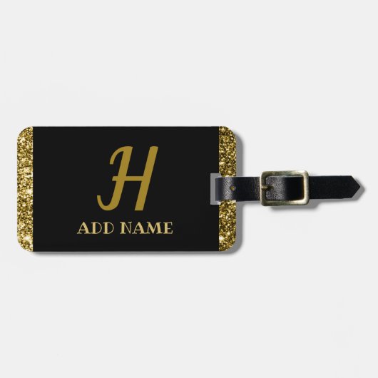 Étiquette À Bagage Élégant Monogramme Script Modern Black Gold Ajoute (Devant horizontal)