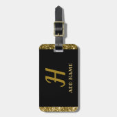 Étiquette À Bagage Élégant Monogramme Script Modern Black Gold Ajoute (Devant Vertical)