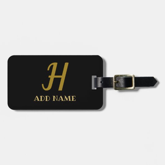 Étiquette À Bagage Élégant Monogramme Script Modern Black Gold Ajoute (Devant horizontal)