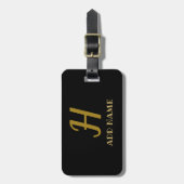 Étiquette À Bagage Élégant Monogramme Script Modern Black Gold Ajoute (Devant Vertical)